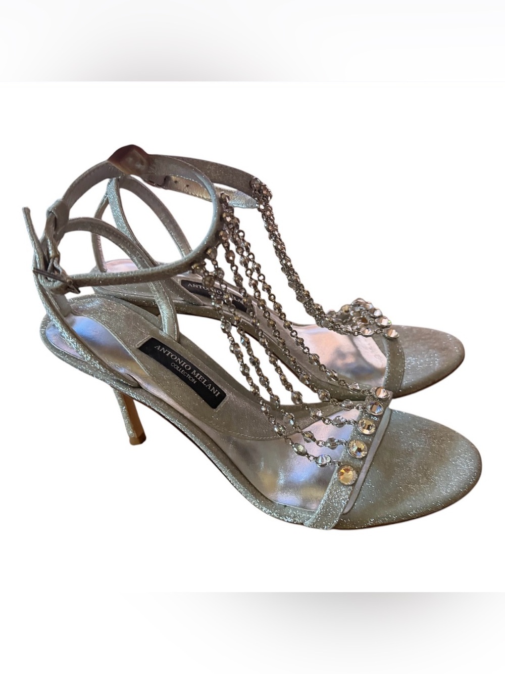 Antonio Melani Silver Crystal T-Strap Heels